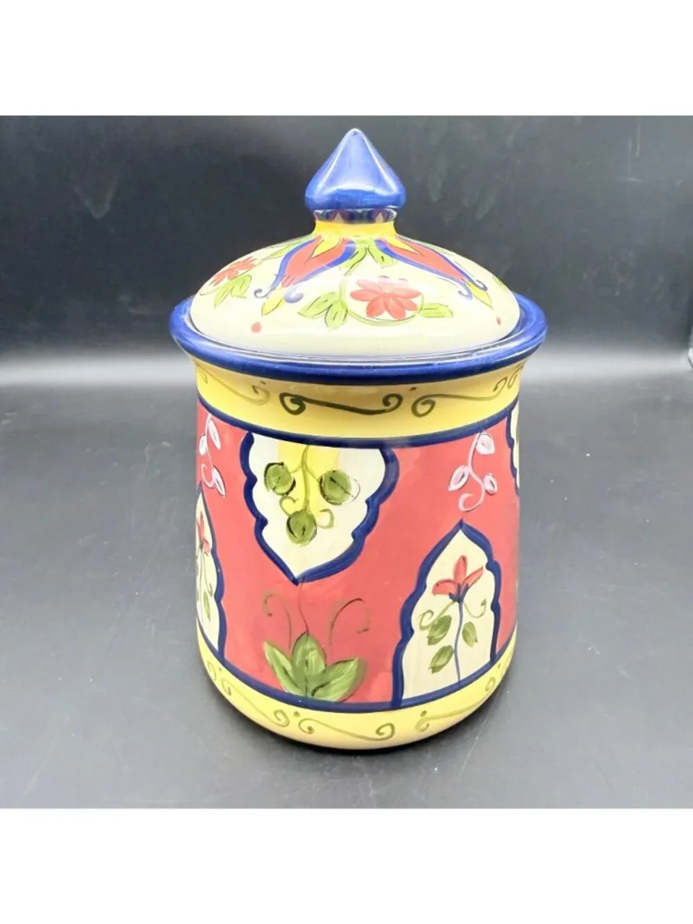 Pier 1 Imports Vallarta Hand-Painted Ceramic Canister 8-In Small Blue Finial Lid